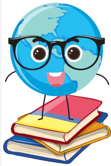 Globe with arms, holding a pencil and standing on books