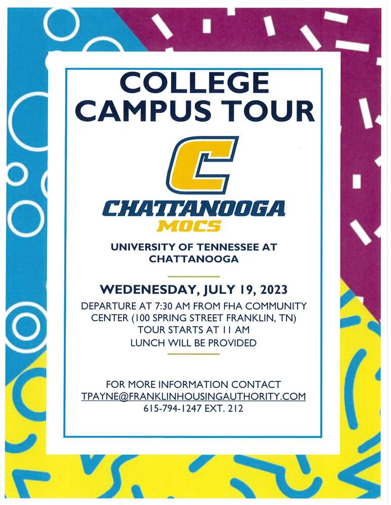 College Campus Tour Flyer with times, lunch info and contact information