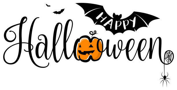 Happy Halloween header with pumpkin bat and spider decorations