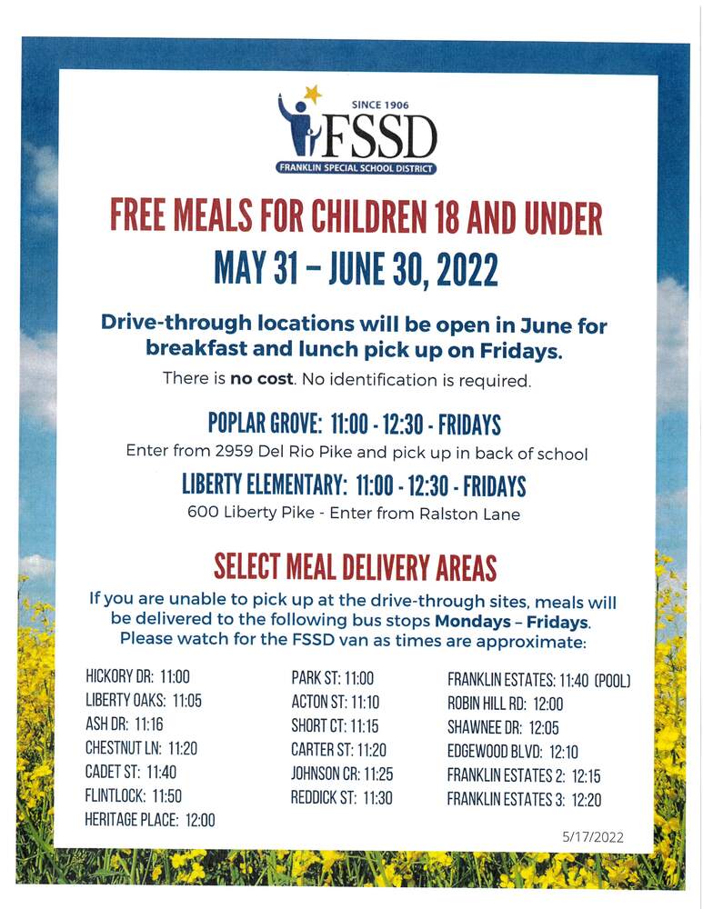 FSSD Free Meals for Children flyer