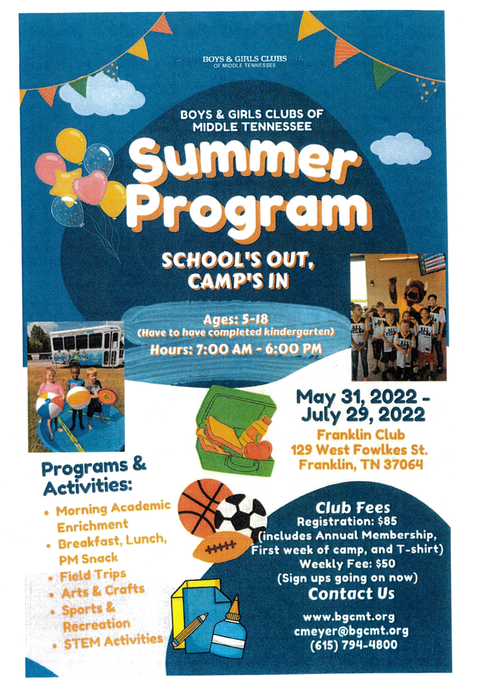 Boys & Girls Club of Middle TN Summer Program Flyer