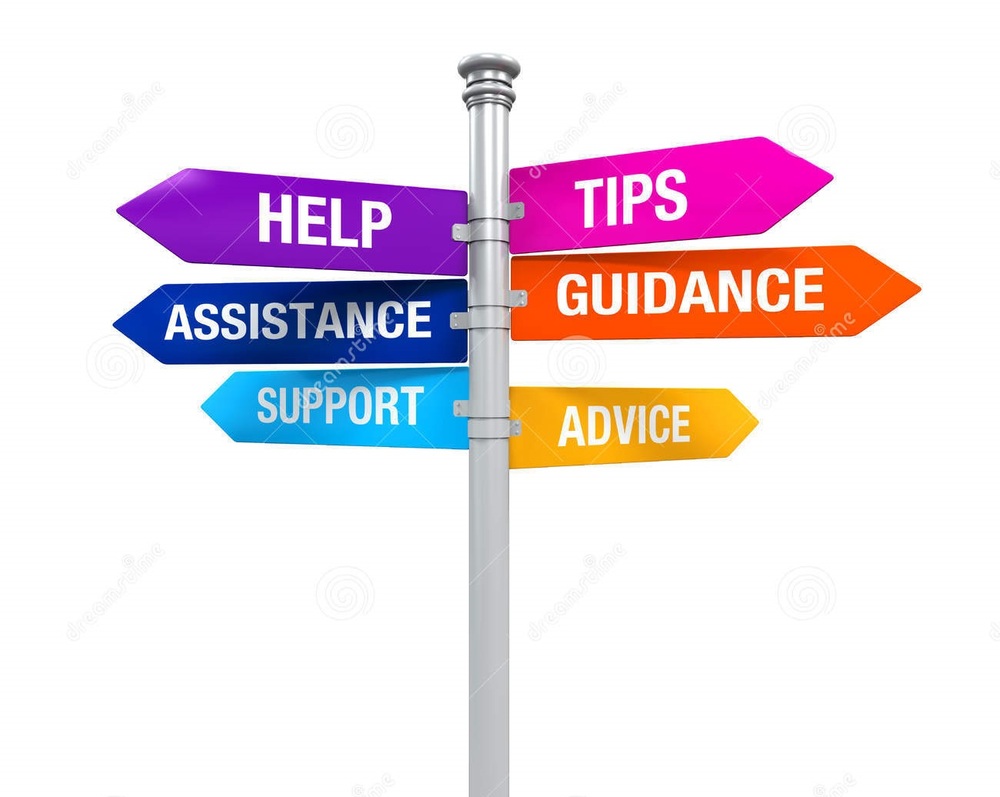 Road signs pointing to Tips, Help, Guidance, Assistance, Support