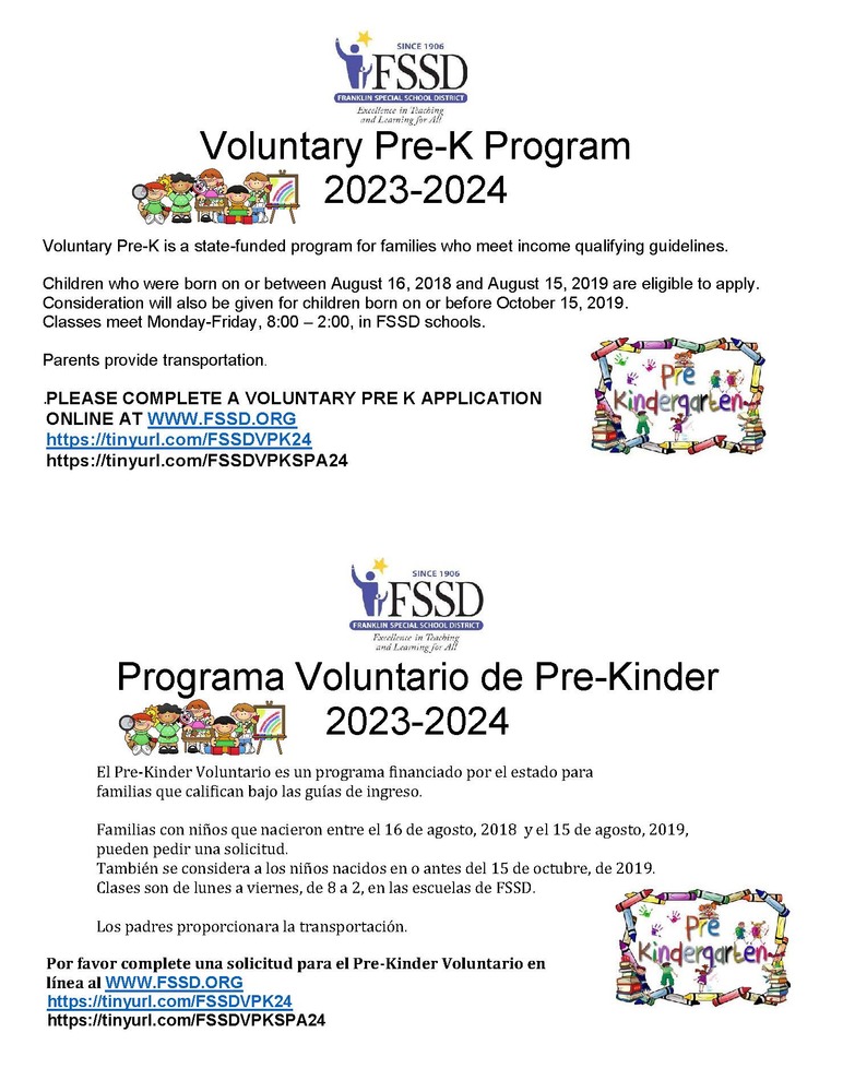 FSSD Voluntary Pre K Half sheet English and Spanish 2023-24 flyers