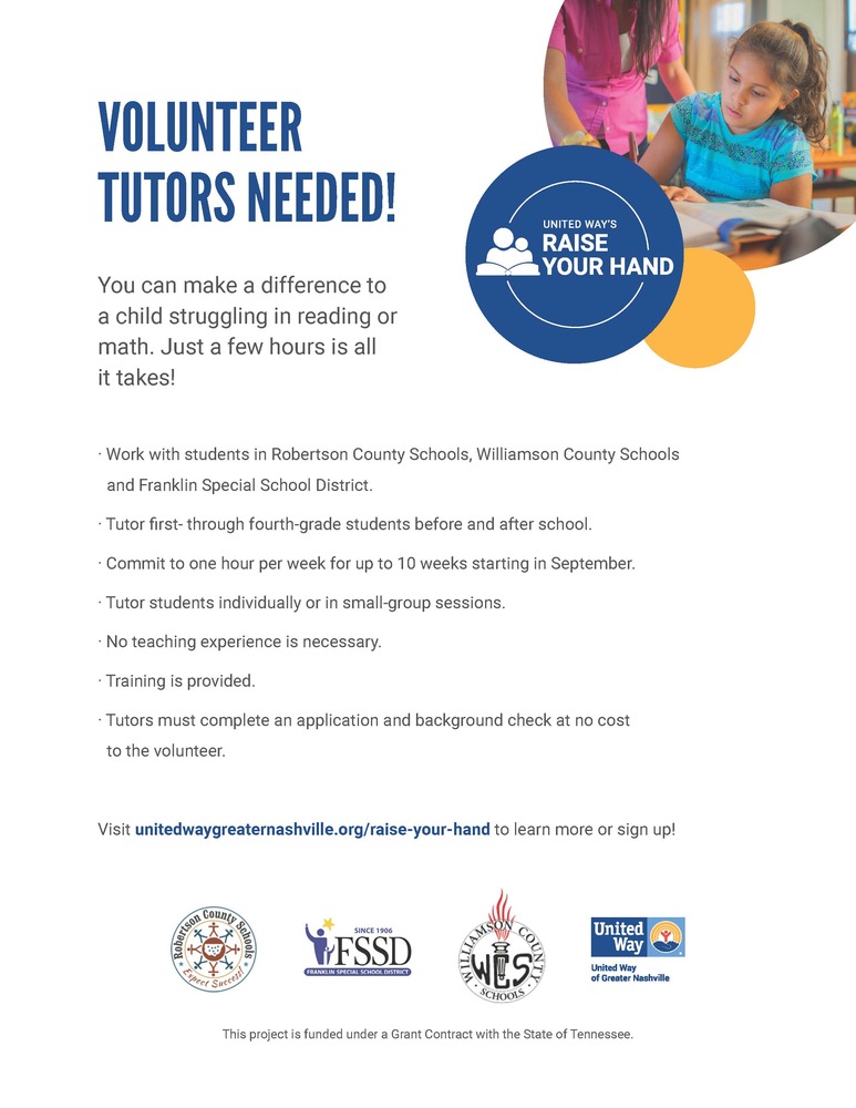 United Way Flyer - Volunteers Needed for Reading and Math