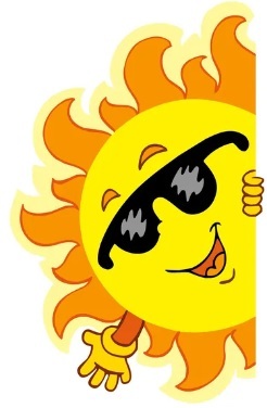 Cartoon sunshine, wearing sunglasses and waving