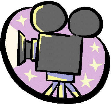 Movie camera in front of purple background and stars