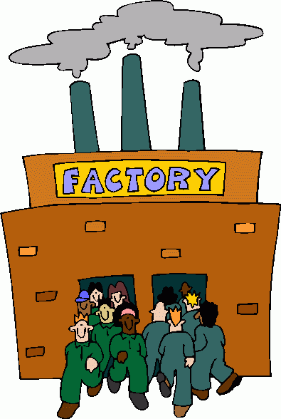 Brown factory with green smoke stacks and workers leaving.