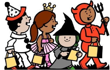 Kids trick or treating in costumes.