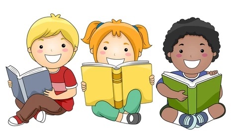 Three Children, Sitting Cross-legged and Reading