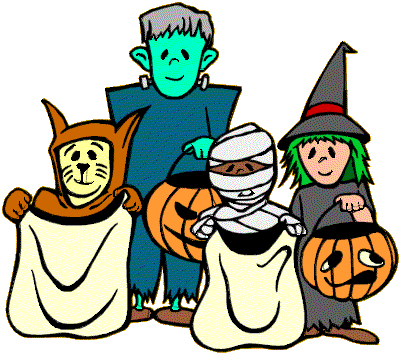 Children dressed as Cat, Mummy, Witch & Frankenstein tricker or treating