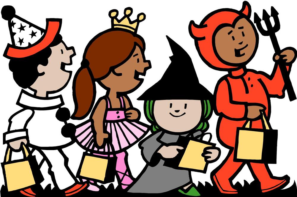 Children dressed in Halloween Costumes (Clown, ballerina, Witch & Devil)