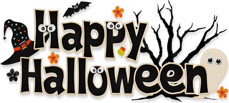 Happy Halloween with ghost peaking around a tree