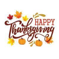 Happy Thanksgiving in fall colors surrounded by pumpkins & leaves