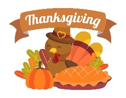 Thanksgiving Turkey wearing a hat, sitting in front of a pumpkin, a pie and leaves around.