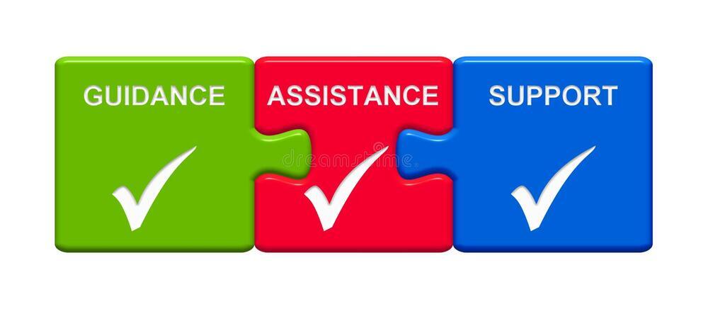Interlocking blocks with guidance, assistance and support printed across blocks.